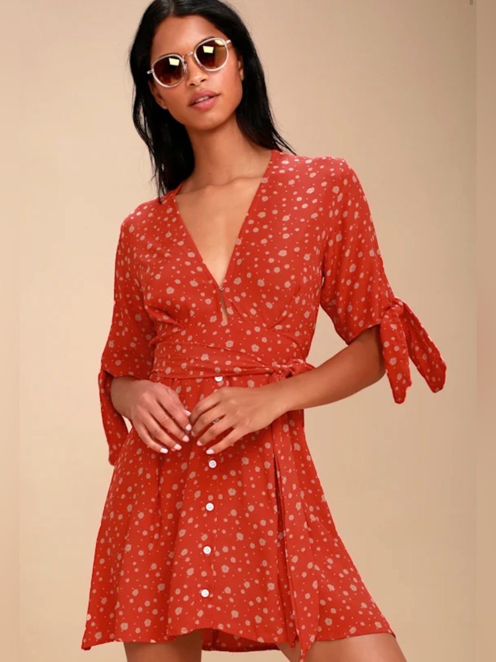 Faithfull the Brand- Birgit Coral Red Floral Print Tie-Sleeve Dress